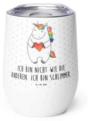 Produktbild von Mr. & Mrs. Panda Thermo Becher Einhorn Herz - Weiß - Geschenk, edelstahl thermobecher, thermosbecher, Unicorn, glühwein tasse, Bunt, Lustig, kaffee, Einhörner
