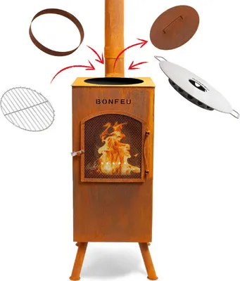 Produktbild von BonFeu BonCarré Rost - Terrassenofen - Feuerstelle mit Funkenschutz für entspannte Abende  - Feuersäule Outdoor - Terrassenkamin mit Grillrost - Gartenofen aus hochwertigem Cortenstahl - 35x35x153cm