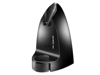 A black stand for a blender is shown against a white background.