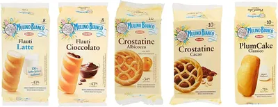 Produktbild von TESTPAKET Mulino Bianco abgepackte Snacks Crostatina Kakao und Aprikose - Flauti Schokolade und Milch- Plum Cake mit Joghurt 5 Stücke