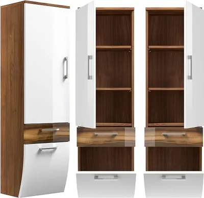 Produktbild von Badmöbel Hochschrank RIMAO-100 Hochglanz weiß, Walnuss Nb., B x H x T ca.: 40 x 134,5 x 30 cm