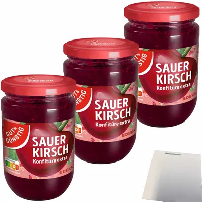 Produktbild von Gut & Günstig Sauerkirsch Konfitüre Extras 3er Pack (3x450g Glas) + usy Block