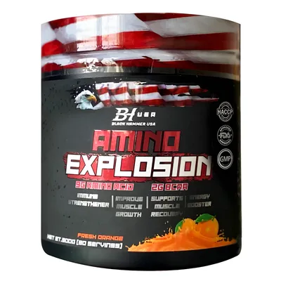 Produktbild von Amino Explosion EAA & BCAA 300g Orange – Aminosäuren Pulver für Muskelaufbau & Regeneration | Black Hammer USA