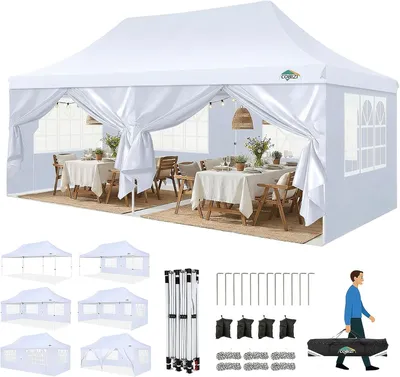 Image de TOOLUCK, pavillon pliable, 3 x 6 mètres, pavillon, 3 x 6 mètres, imperméable, stable, résistant aux intempéries, pliable, tente de réception avec 6 parois et 4 sacs de sable, montage rapide