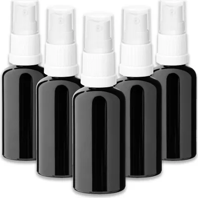 Produktbild von 5x Glasflasche schwarz 50 ml mit weißem Zerstäuber Sprükopf Spray leer
