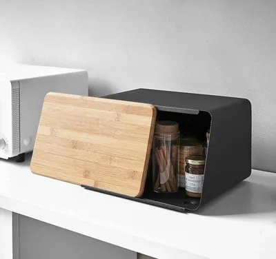 Produktbild von Famanu Brotdose mit Bambusdeckel 31x24x18 cm, schwarze Brotkiste – modernes Design