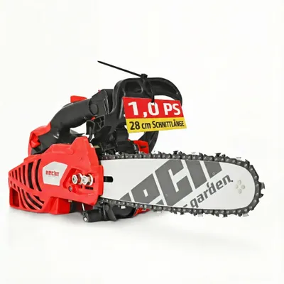A red and black chainsaw is shown against a white background.