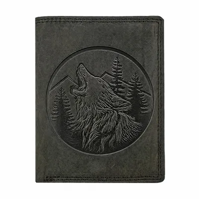 Produktbild von RFID Büffel Echt Leder Herren Geldbörse Portemonnaie mit geprägtem Wolf Motiv Schwarz Hochformat, KI-generiertes Bild