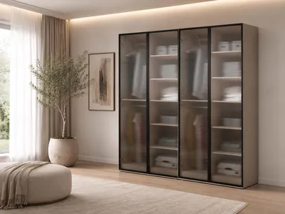 Produktbild von Drehtürenschrank, Falttürenschrank 4-türig Schrank mit Einlegeböden und Kleiderstange, Schlafzimmer  - Schrank Minewra 200 - Beige Flutes