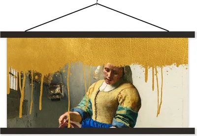 Produktbild von MuchoWow® Textilposter Milchmädchen - Gold - Vermeer 60x30 cm mit schwarzem Rahmen - Textilien