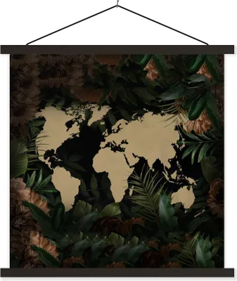 Produktbild von MuchoWow® Textilposter Weltkarte - Pflanzen - Blumen 90x90 cm mit schwarzem Rahmen - Magnetisches