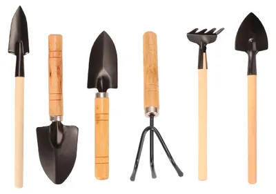 Produktbild von 6-teiliges Gartengerät-Set – Miniaturwerkzeuge mit Holzgriffen für die Pflanzenpflege