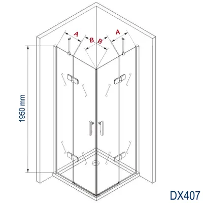 A 3D line drawing of a corner shower enclosure with two doors.