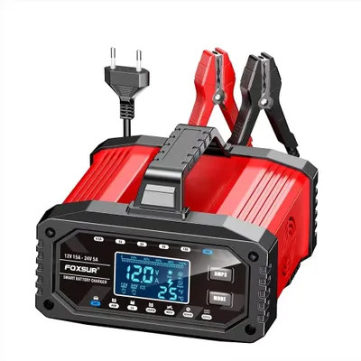 Produktbild von Intelligentes Batterieladegerät - Auto- und Motorradladegerät - 12 V 15 A - 24 V 5 A - Automatische Erhaltungsladung - Für Blei-Säure-, Gel-, AGM- und LiFePO4-Batterien - Rot
