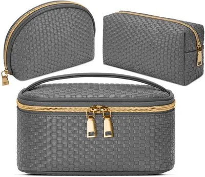 Produktbild von Große Kosmetiktasche mit Wasserfestem PolyurethanBeutel, 3-Stücke, Grau, große Kapazität