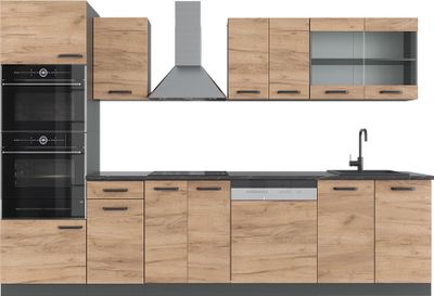 Vicco kuchynská linka R-Line, 300 cm s vysokou skrinkou, bez pracovnej dosky, Goldkraft dub/antracit