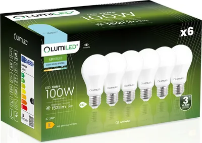 Produktbild von LUMILED A60 E27 LED Lampe, 13W (ersetzt 100W), 1521 Lumen Leuchtmittel, 6500K kaltweiß Birnen Lampen, Nicht Dimmbar, 260° Grad Strahlwinkel Glühbirne 6er-Pack Energiesparlampe Tropfen