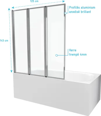 Image de Pare baignoire Pivotant 3 Volets Chrome - 125x143 cm - Verre Trempé 4 mm - ZAGGY CHROME