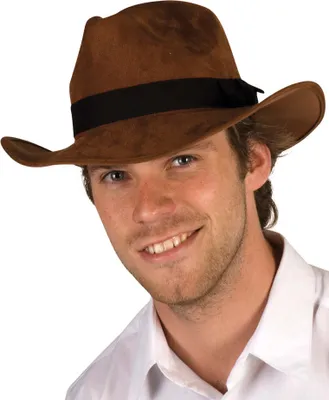 A man wearing a brown cowboy hat and a white shirt.