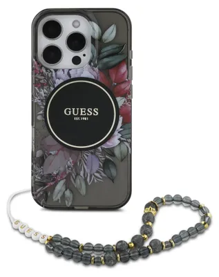 A phone case with a floral design and a beaded strap.