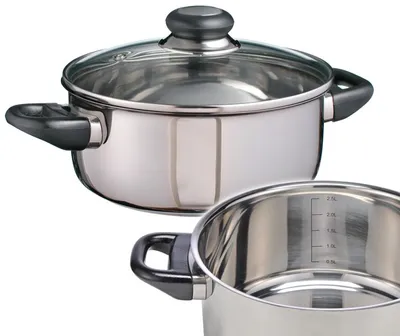 Two stainless steel pots are shown against a white background. One pot is in the foreground, partially visible, showing its interior with measurement markings. The other pot is in the background, fully visible with a glass lid and handles.