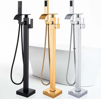 Immagine prodotto di Rubinetto vasca da bagno freestanding Ari, miscelatore monocomando con doccetta, beccuccio girevole 360 gradi, oro lucido