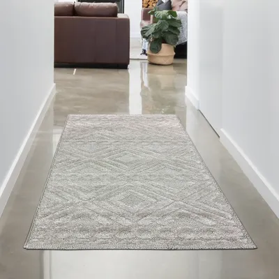 Zdjęcie produktu dla Dywan do salonu z wysokim włosiem w stylu boho z wzorem w romby i koła w kolorze beżowym Rozmiar - 80 x 150 cm
