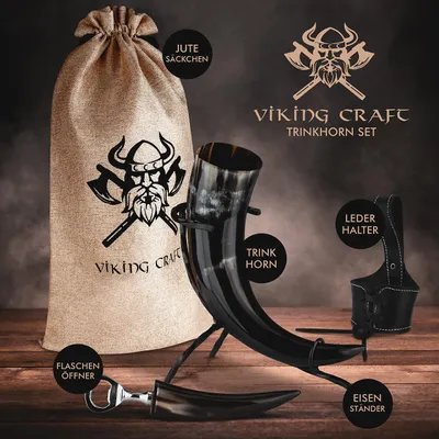 Produktbild von VIKING CRAFT® Trinkhorn Wikinger Graviert ca. 450ml - Extra Großes 5-teiliges Horn Set für Wikinger Met Honigwein mit Ständer – Wikinger Geschenke