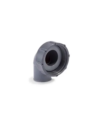 A gray plastic elbow fitting with threaded connections, isolated on a white background.