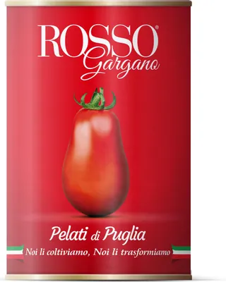 A can of peeled tomatoes with a tomato graphic on a red background.
