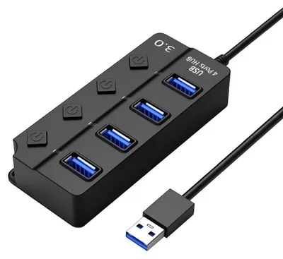 Immagine prodotto di Hub USB con 4 porte Techstar® HUBA0701, 1 x USB 3.0, 3 x USB 2.0, indicatore LED per alimentazione, interruttore indipendente, Nero