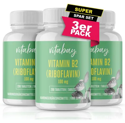 Produktbild von Vitabay Vitamin B2 (Riboflavin) | 600 vegane Tabletten (3er Set) | Hochdosiert mit 100 mg | Labor & hergestellt aus hochwertigen Rohstoffen