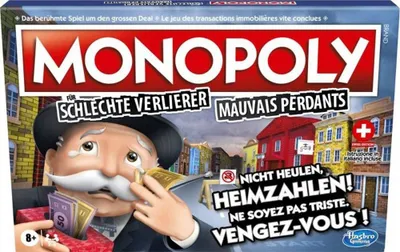 The image shows the box art for a Monopoly board game, featuring a cartoon character and text in German and French.