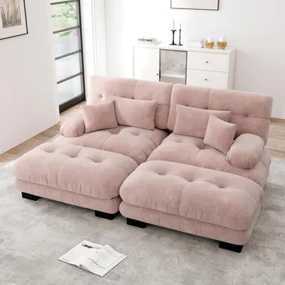 Produktbild von MODFU Zweisitzer Polstersofa mit mit 2 Lendenkissen und 2 Dekokissen,Loungesofa Chenille,mit 2 Ottoman,Modulares Sofa,Rosa