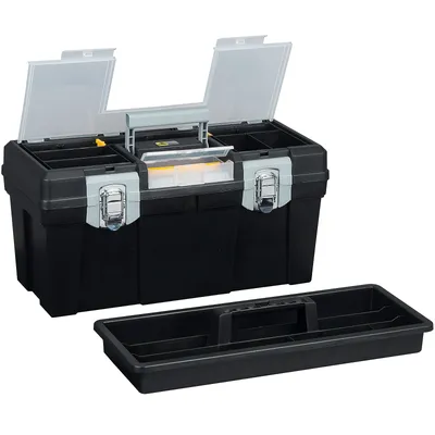 A black toolbox with clear lids and a separate black tray are shown against a white background.