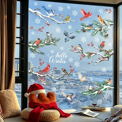 Imagen del producto de Adhesivos reutilizables para decoración navideña, 9 láminas, con motivos de pájaros y copos de nieve, ideales para decorar ventanas durante las fiestas