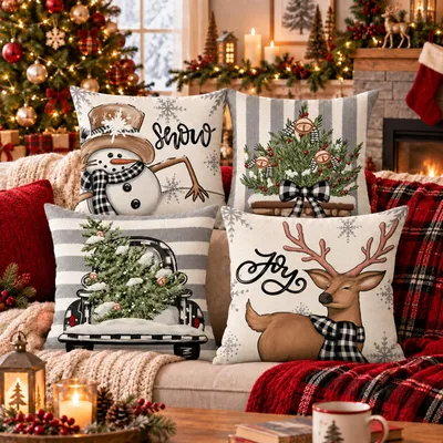 Image de Lot de 4 housses de coussin de Noël, 45 x 45 cm, couleurs variées, mélange de lin, pour décoration de canapé ou de chambre