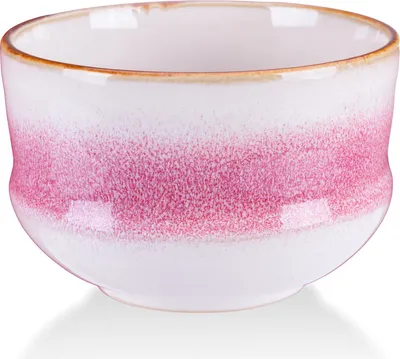 Produktbild von Matchaschale "Kiku" – handgefertigte japanische Keramik-Teeschale, 300 ml, glänzend mit sanftem Farbverlauf von Weiß über Pink zu Weiß, hellbrauner Rand