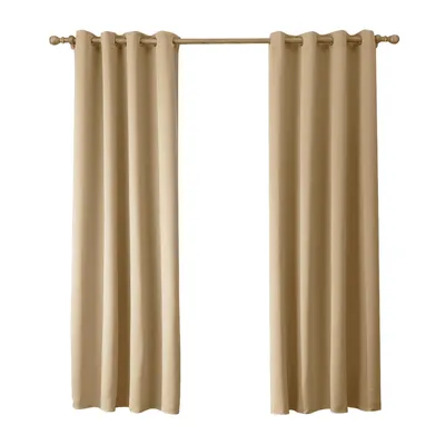 Two beige curtains hanging from a curtain rod against a white background.
