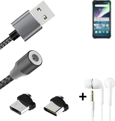 Produktbild von K-S-Trade® Hochwertiges Magnet-Lade-kabel Sync-Kabel Daten-Kabel + Kopfhörer kompatibel mit UMIDIGI Bison GT mit USB-Typ-C-Anschluss und