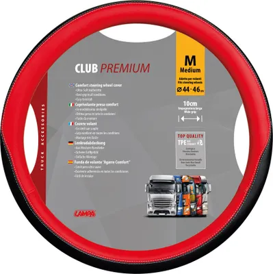 A steering wheel cover with product information and images of trucks.