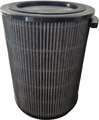 A gray pleated cylindrical air filter with a black top rim, set against a white background.