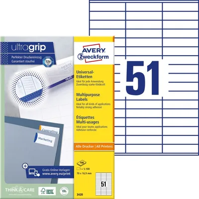 Produktbild von Avery Zweckform Universal-Etiketten 3420 70 x 16.9 mm, Weiß, Rechteck, Permanent, 70 x 16.9 mm, A4, Papier