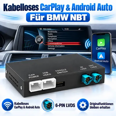 Produktbild von Kabelloses CarPlay Android Auto Interface für BMW NBT, 6-PIN LVDS, iDrive, Mirror Link, Rückfahrkamera, KI-generiertes Bild