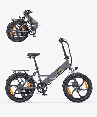 A gray folding electric bicycle is shown from the side, with a smaller image of the folded bicycle above it.
