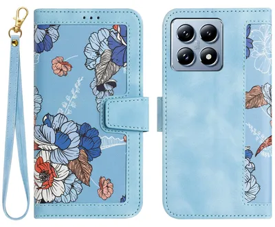Produktbild von Für Xiaomi 14T Kunstleder Wallet Handy Tasche Blumen Design Hülle Etuis Hellblau
