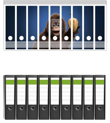 Produktbild von Wallario 9 Stück breite Ordner inkl. Klebeetiketten mit Motive Lustiger Affe mit Bananen -  Set mit Rückenschildern / Ordnerrücken Stickern
