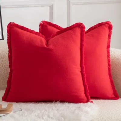 Produktbild von Set aus 2 neutrale Baumwollkissenbezügen mit Bürsten 50x50cm dekorative Kissenbezüge Sierkissen Boho-Bankkissen Kissenüberzug für Bank Schlafzimmer Wohnzimmer Wohnaccessoires rot