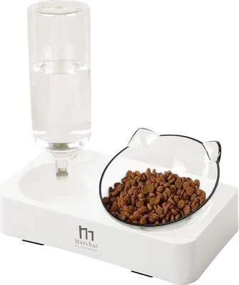 Obrázek produktu pro Dvojitá miska na krmivo pro kočky s gravitačním dávkovačem vody a krmiva pro kočky a malé psy, šikmé vyvýšené misky na krmivo pro kočky