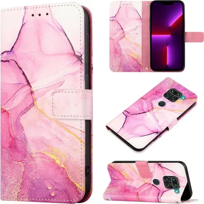 Produktbild von Redmi Note 9 Hülle, Marmor Motiv Kunstleder Tasche Wallet Kartenfächer mit Standfunktion Klapp Schutzhülle für Xiaomi Redmi Note 9 Rosa